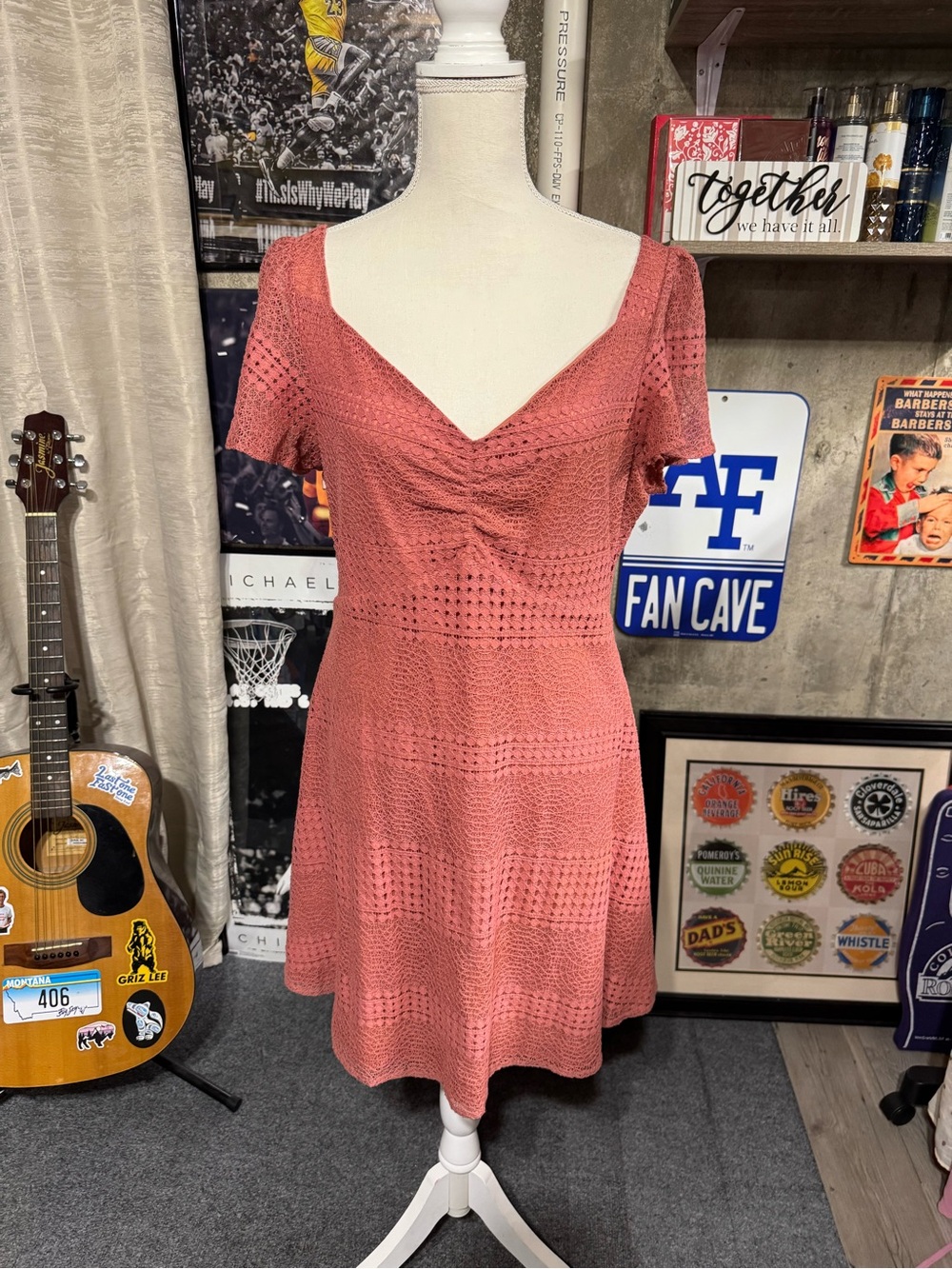 Francesca's Collections Coral Crochet V-Neck Fit & Flare Dress